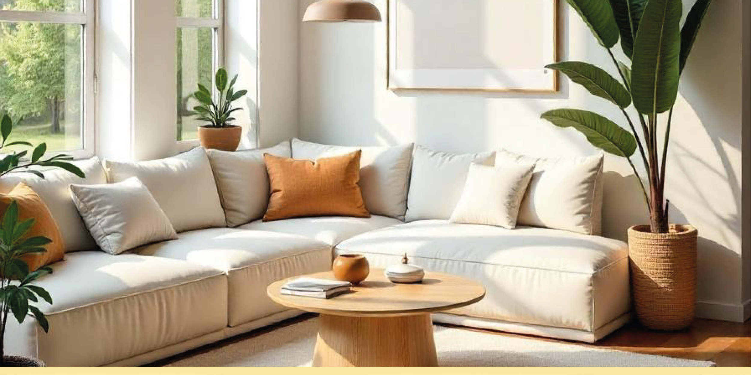 Salon lumineux avec un canapé blanc, des coussins beige et orange, une table en bois ronde, des plantes vertes en pot près des fenêtres