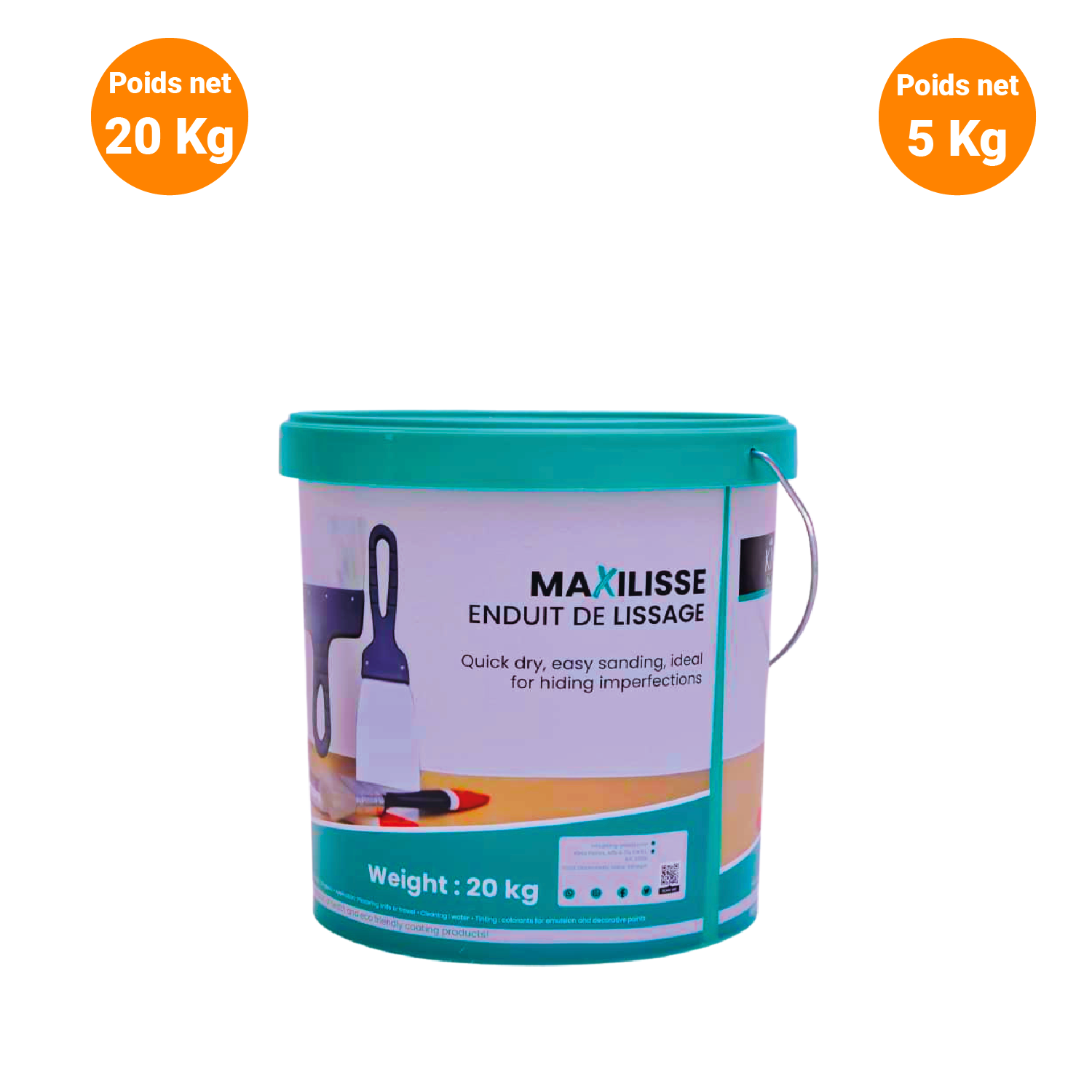 Pot de enduit de lissage Maxilise d'une capacité de 20 kg, blanc avec un couvercle vert, et une poignée métallique.