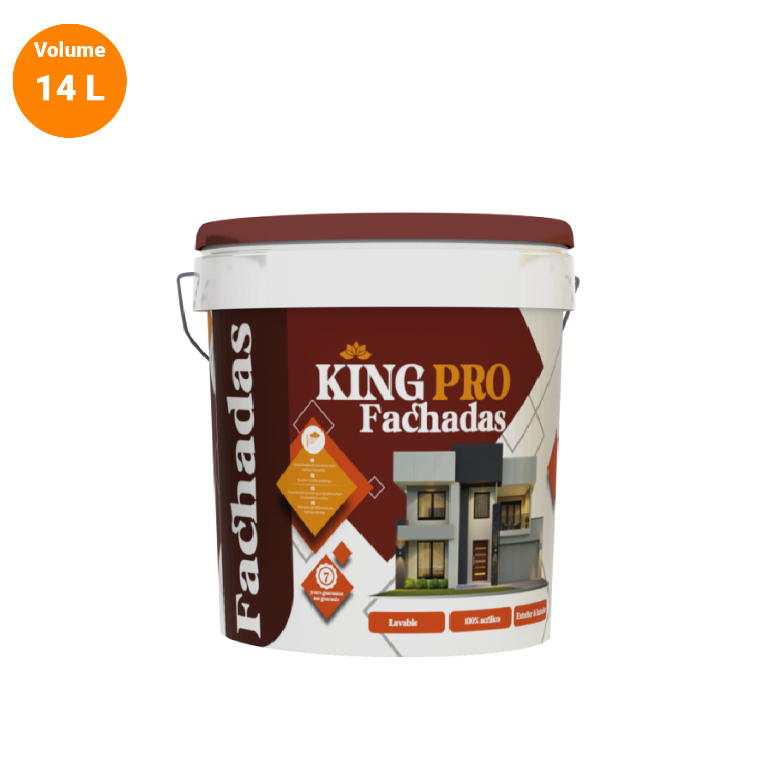 Un seau de peinture : KING PRO Fachadas, volume 14L, permet de peindre des façades de maisons modernes, lavable, à 100% acrylique, facile à étendre et à appliquer.