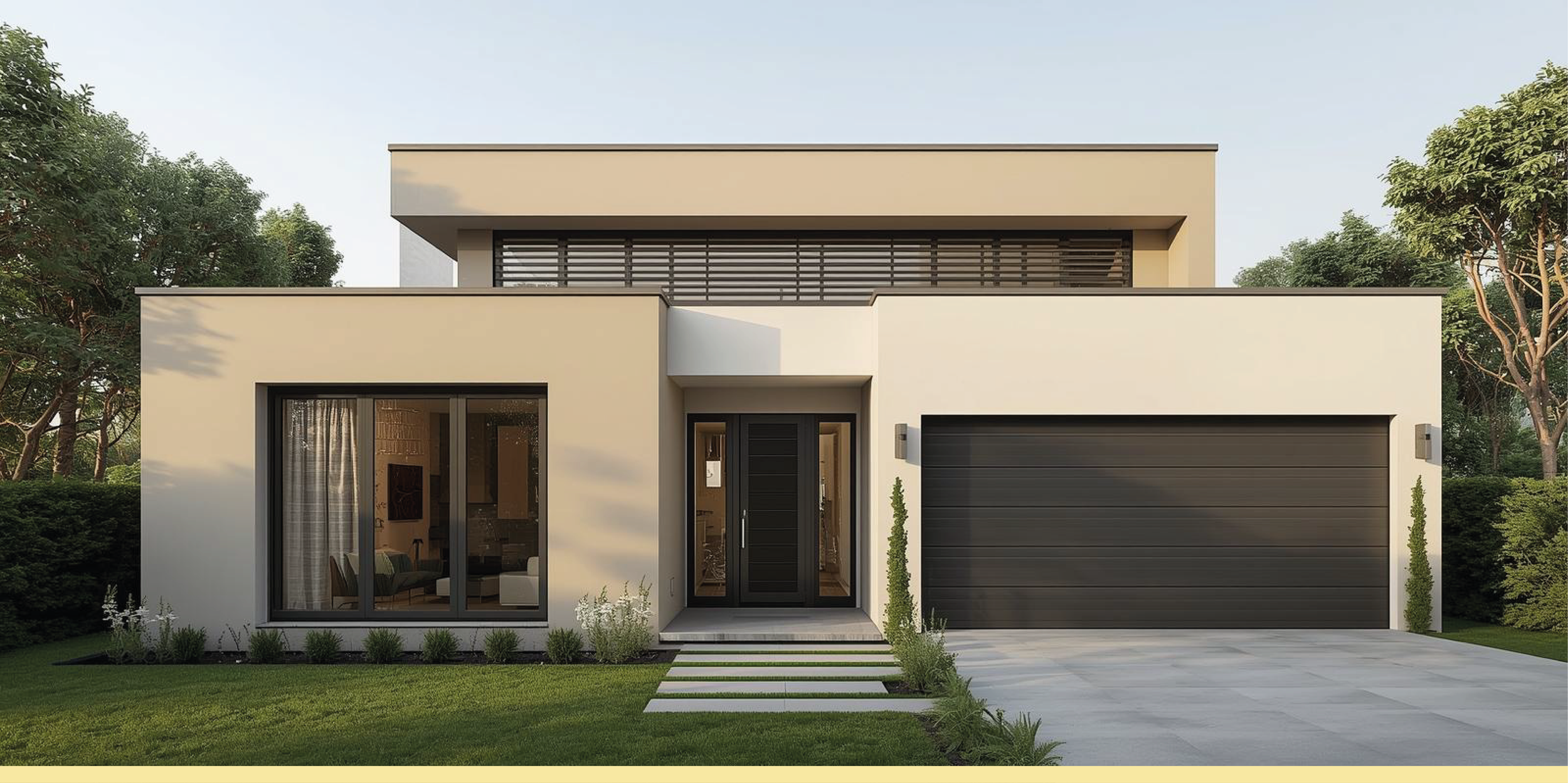 Maison moderne à deux étages avec façade blanche, porte d'entrée noire, fenêtre à gauche avec rideaux, garage à droite avec porte noire, jardin avec plantes et allée en pierre.