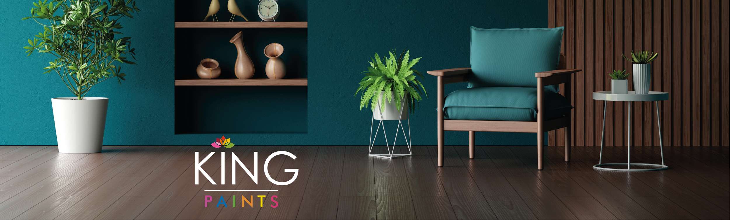 Intérieur d'une pièce avec un mur vert, un fauteuil avec coussin vert, deux tables laterales avec des plantes et décorations en céramique, un étagère avec des vases et un horloge