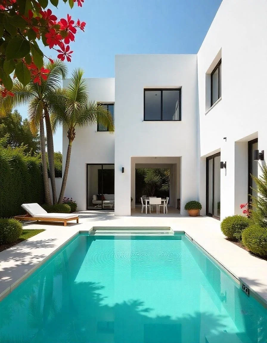 Piscine dans la cour arrière d'une maison moderne blanche avec des fenêtres en verre, entourée de plantes tropicales et d'une chaise longue, sous un ciel bleu clair.