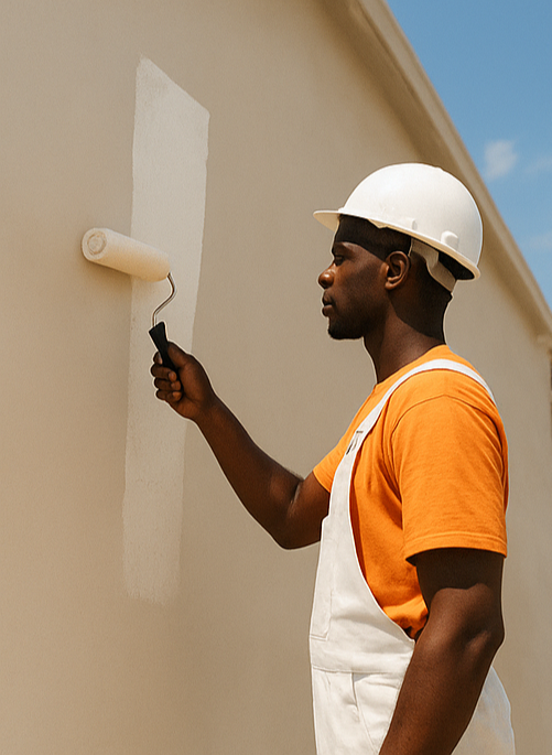 Un homme peint un mur avec un rouleau à peinture, portant un casque de sécurité et un t-shirt orange.