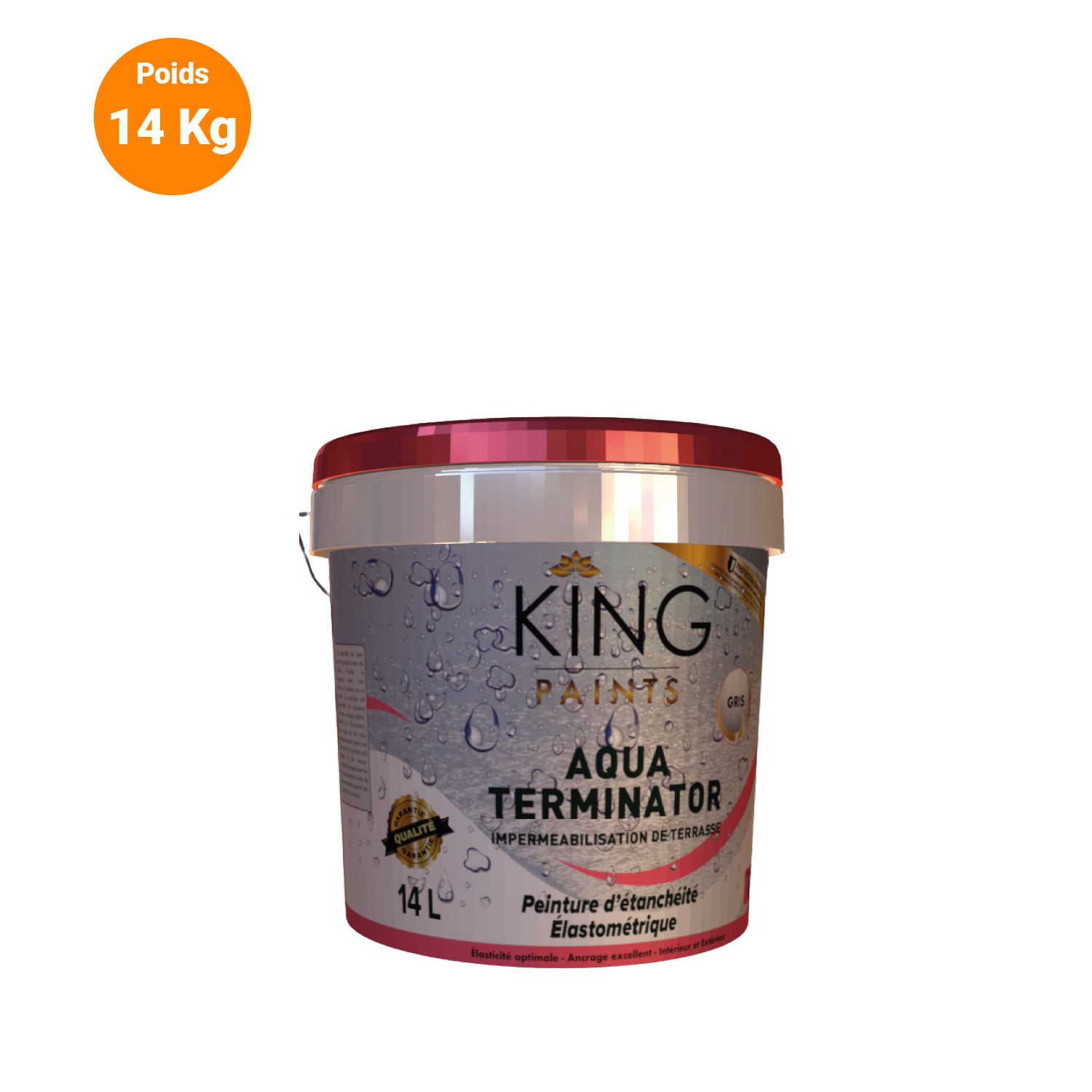 Un pot de peinture gris de 14 litres de la marque King Paints, nommé Aqua Terminator, destiné à l'imperméabilisation de terrasses, avec une étiquette indiquant qu'il s'agit d'une peinture élastomérique.