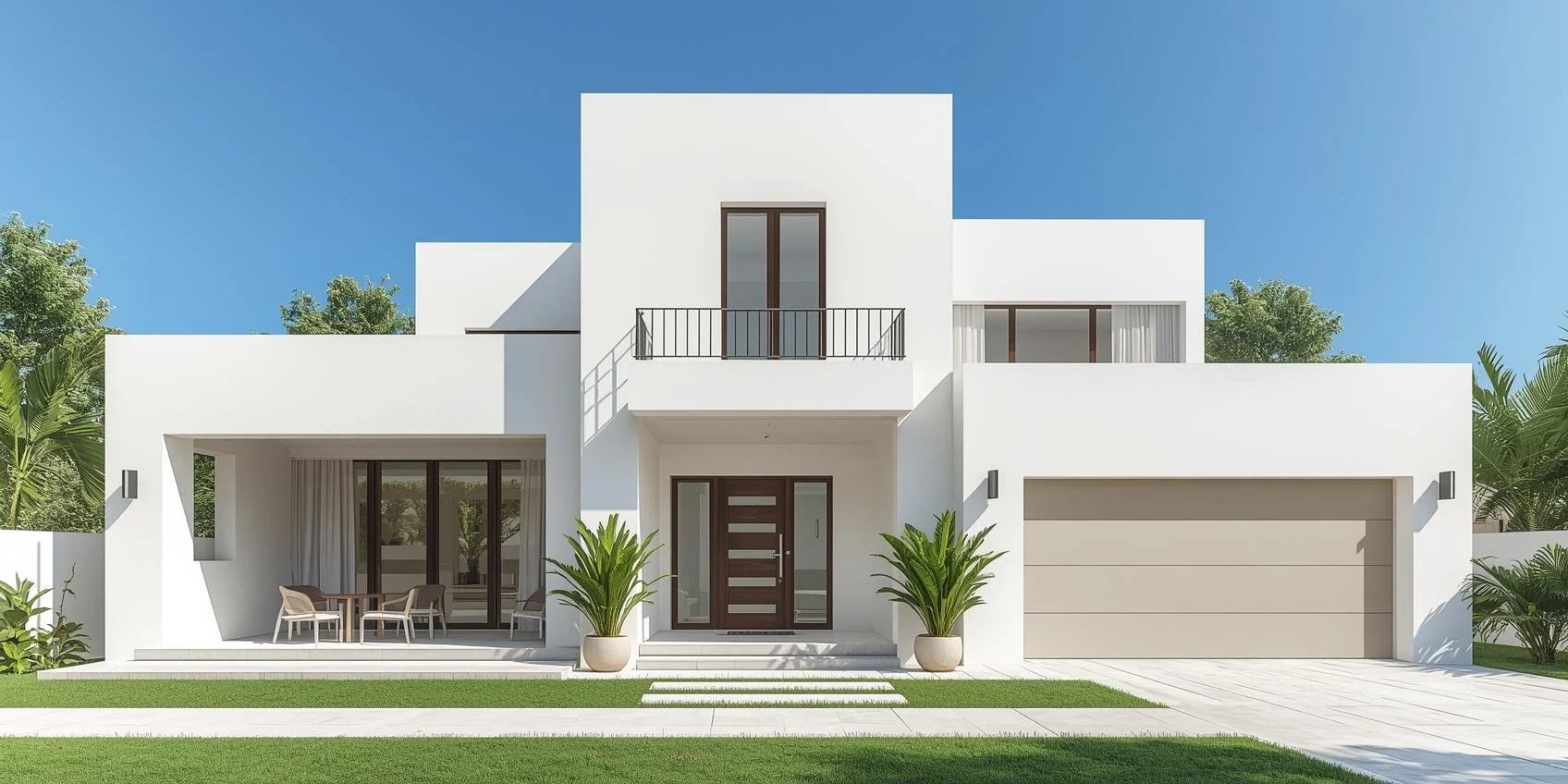Maison moderne blanche avec garage, terrasse avec mobilier extérieur, plantes vertes, escalier d'entrée, sous un ciel bleu