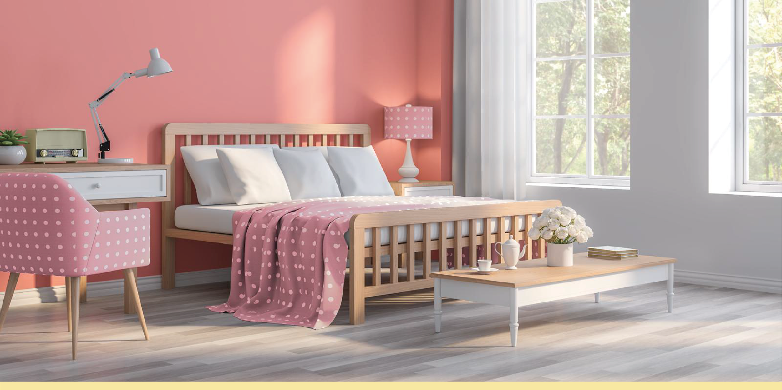 Chambre lumineuse avec un lit en bois, murs rose, draps à pois, table de nuit avec lampe, fauteuil rose à pois, table basse avec bouquet de fleurs et service à thé, grandes fenêtres avec vue sur la nature