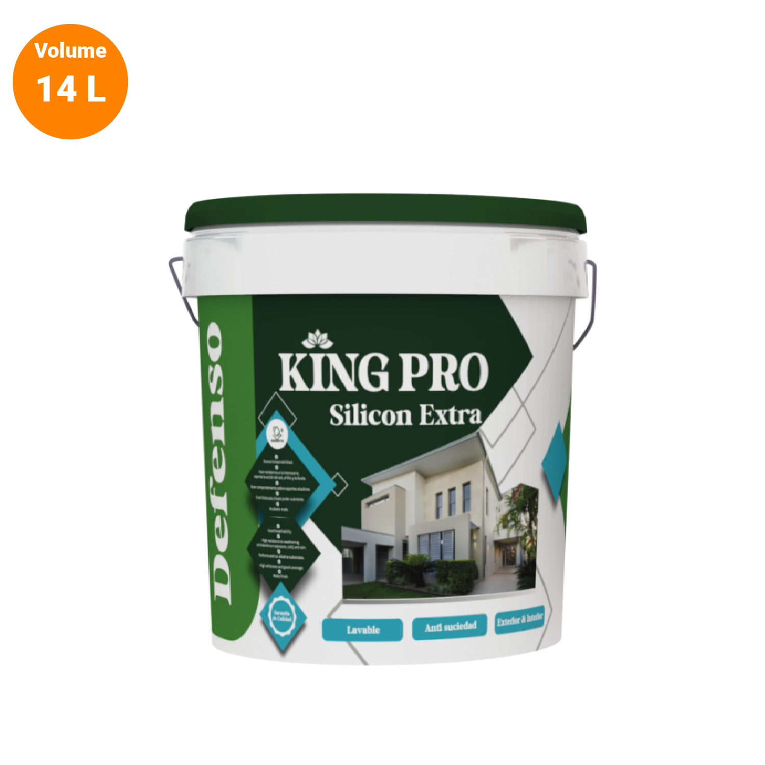 Un seau de peinture de 14 litres de la marque King Pro, de couleur blanche avec un couvercle vert, destiné à une utilisation intérieure, anti-saleté, lavable.