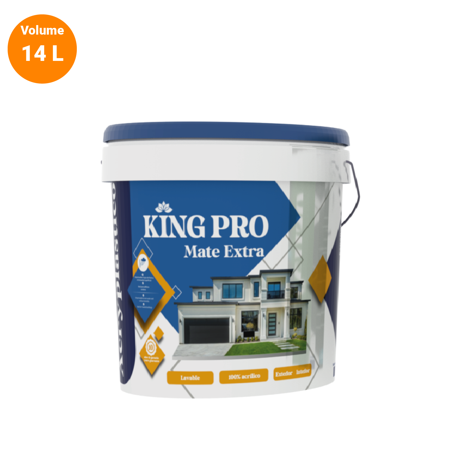 Pot de peinture extérieur blanc et bleu portant le label 'King Pro Mate Extra', volume de 14 litres, avec une image d'une maison moderne en façade, indiquant que la peinture est lavable, 100% acrylique, adaptée pour l'extérieur et l'intérieur.