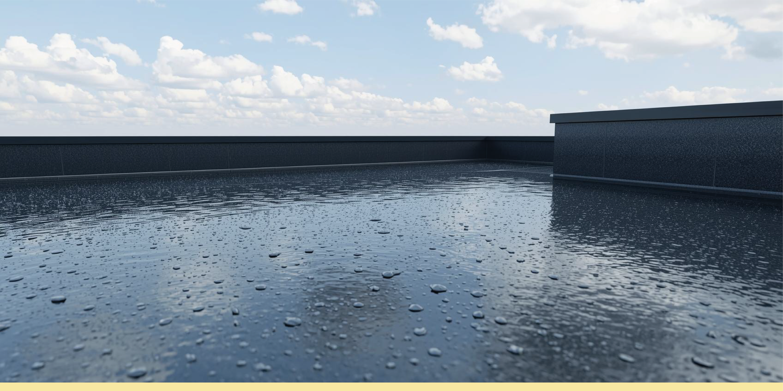 Toit plat avec surface couverte d'eau de pluie, vue vers un ciel nuageux.