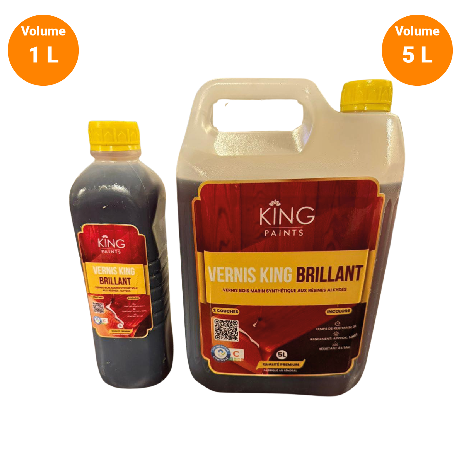 Deux contenants de peinture King, un de 1 litre en plastique opaque et un de 5 litres en plastique translucide, avec des bouchons jaunes, affichant la peinture brune brillante, agencés côte à côte.