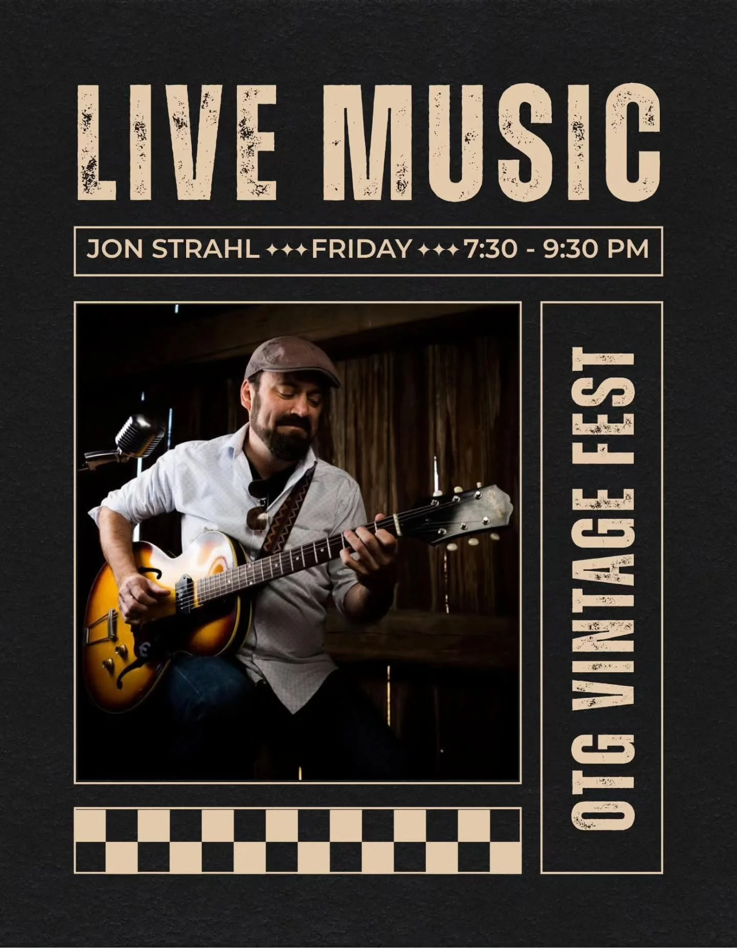 🎸 Friday Night at Vintage Fest!

Get ready for an incredible evening of blues, rock, and soul with Jon Strahl, playing live from 7:30&ndash;9:30 PM!

Bring your friends, grab a drink, and soak in the vintage vibes while Jon&rsquo;s soulful sound fil