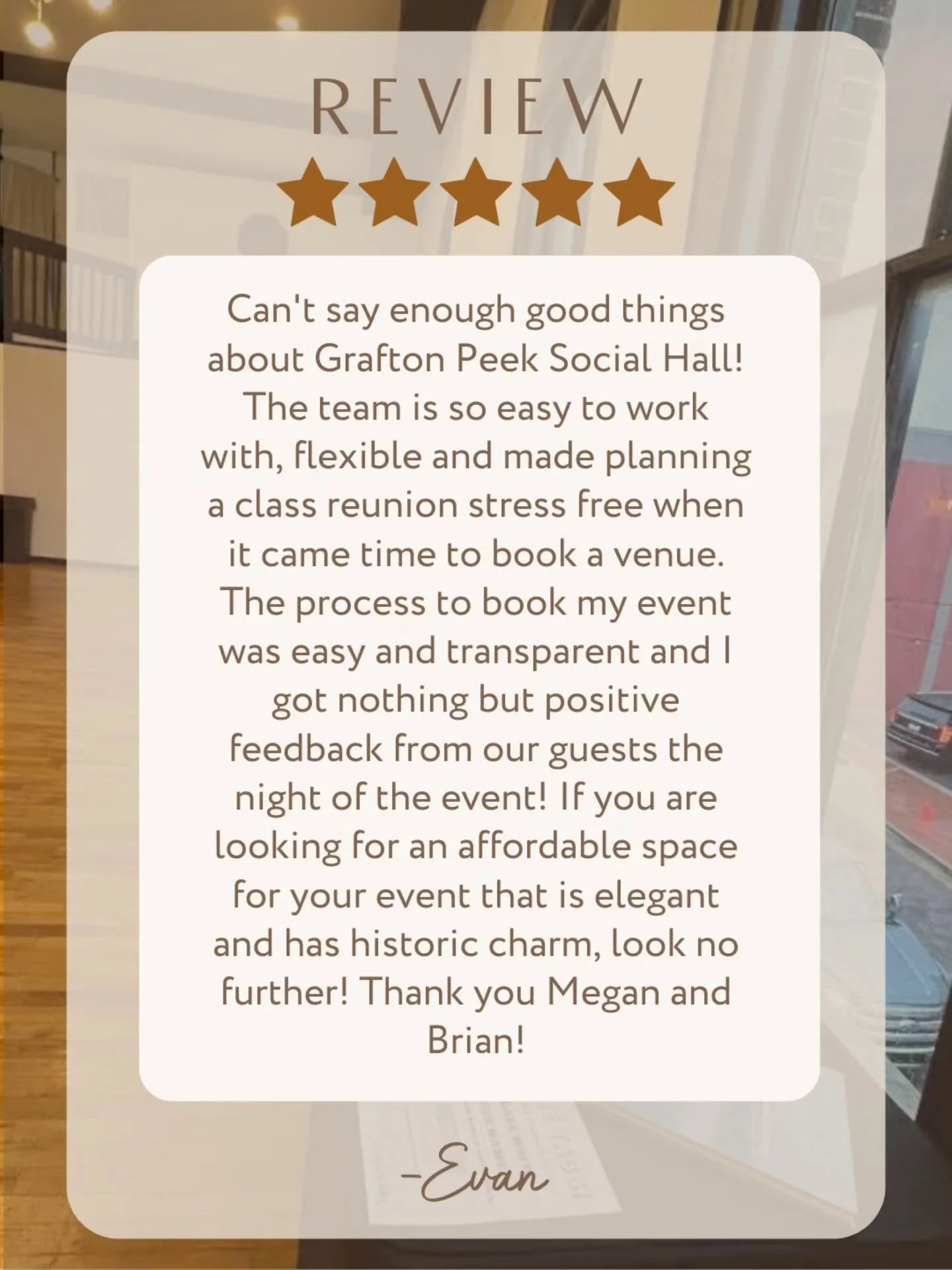 ⭐️⭐️⭐️⭐️⭐️
We&rsquo;re so grateful for the kind words from Evan!

It&rsquo;s always wonderful to hear from guests who&rsquo;ve enjoyed their time at Grafton Peek Social Hall &mdash; whether it&rsquo;s a wedding, reunion, or community event, your expe