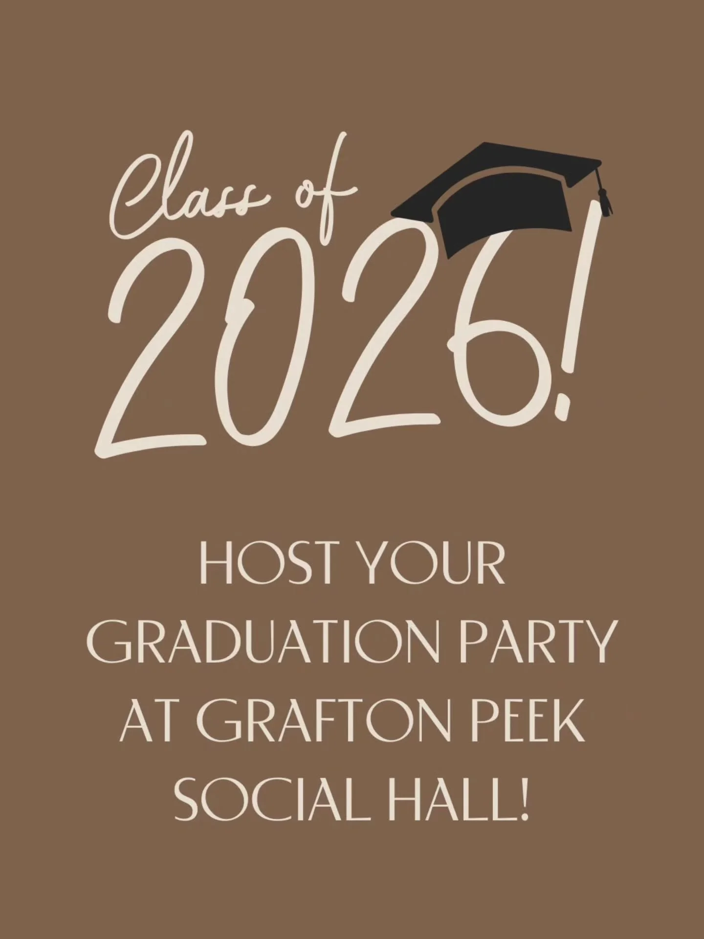 🎓 Graduation season is almost here!

If you&rsquo;re planning a celebration, we still have some availability in May and June for graduation parties at Grafton Peek Social Hall.

Gather your friends and family, celebrate your grad&rsquo;s big accompl