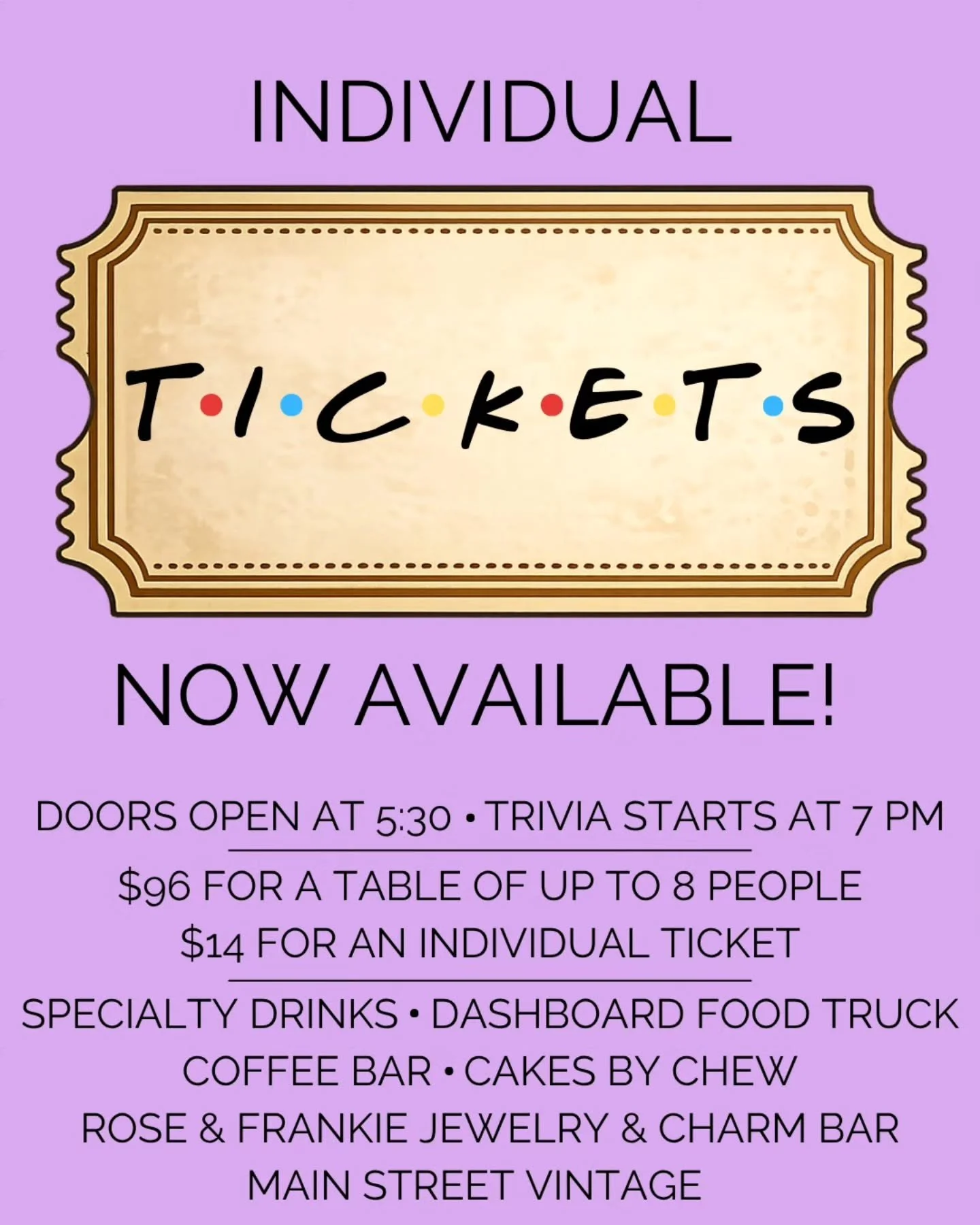 Ask and you shall receive 👏

We&rsquo;ve had some people ask about coming solo, so we&rsquo;re opening up individual tickets for our Friends-Themed Trivia Night!

🎟 $14 per person

Don&rsquo;t have a full team? No problem. You may be seated with ot