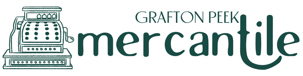 Illustration of an antique cash register alongside the text 'Grafton Peek Mercantile' in stylized font.