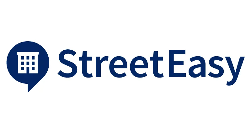 StreetEasy logo with a dark blue speech bubble containing a building icon and the text "StreetEasy" in dark blue.