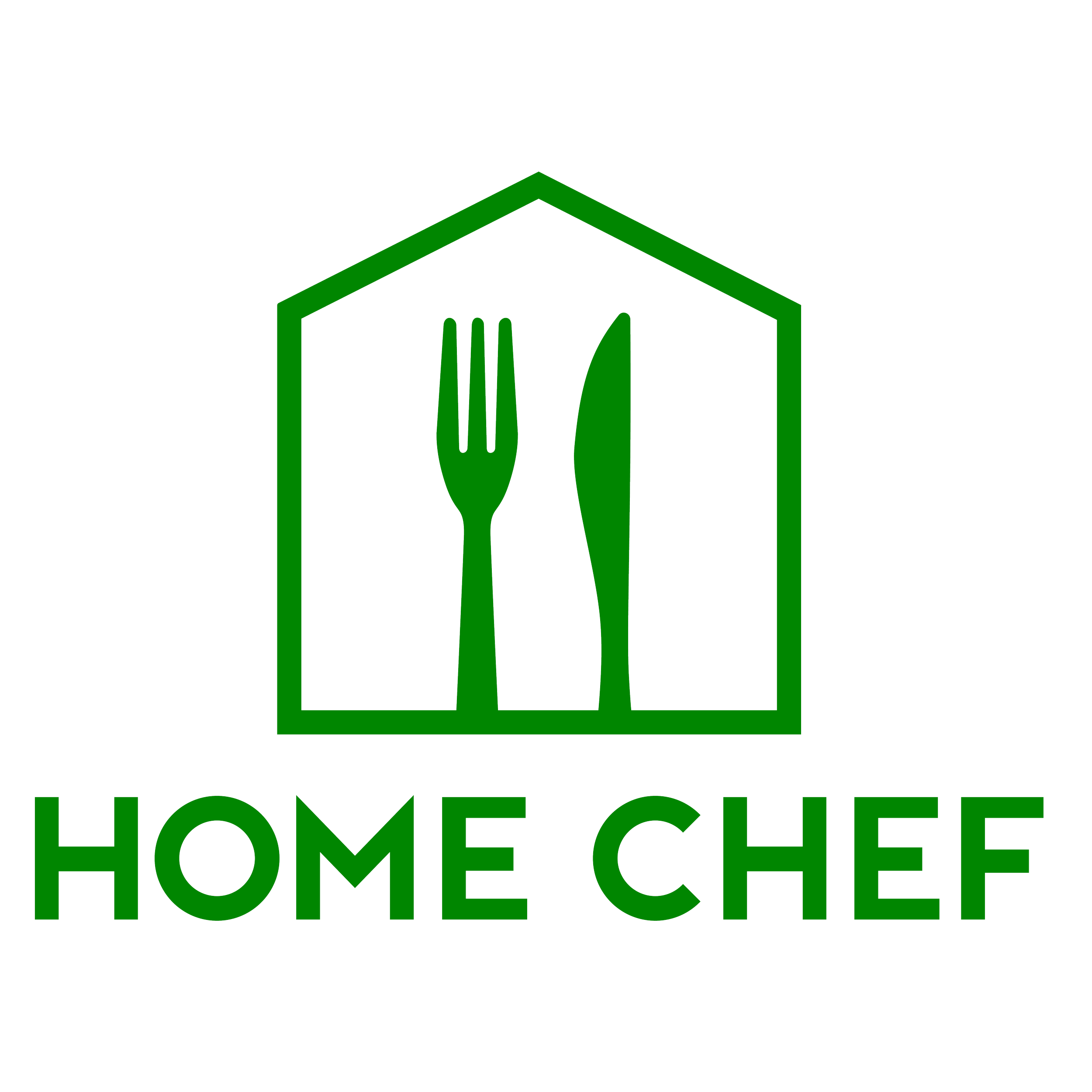 Logo with a house outline in green, containing a fork and knife, and the words 'Home Chef' in green below.