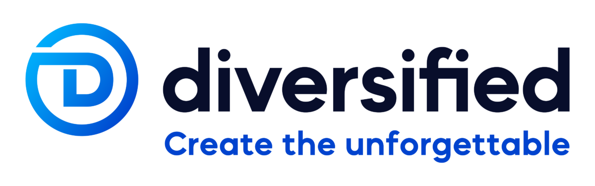 Diversified logo with a blue circular emblem containing a stylized D and the text "diversified" and the tagline "Create the unforgettable".