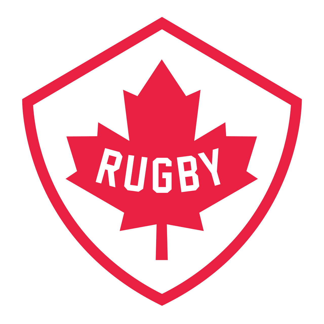 Rugby Canada logo with a red maple leaf inside a shield outline.