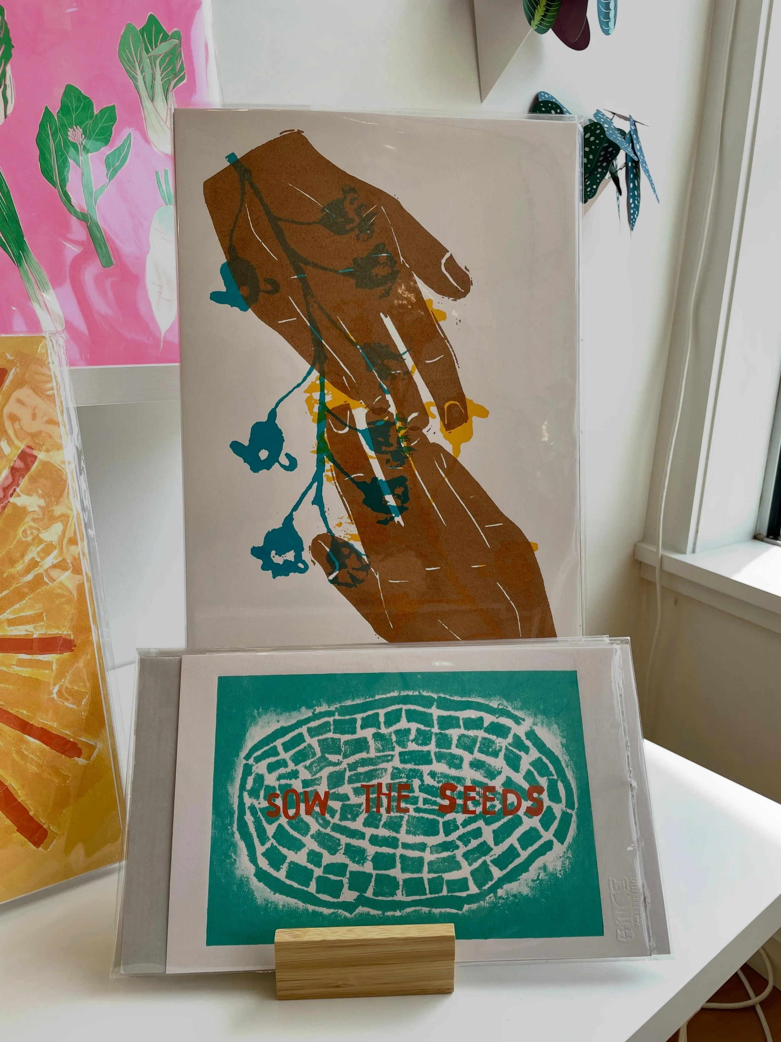 Sunny soft light in the shop today. Here until 5! Come see all the beauty. Sow the seeds. Try a little tenderness. #printshop #printmaking #handprinted #mainemade #workingartist