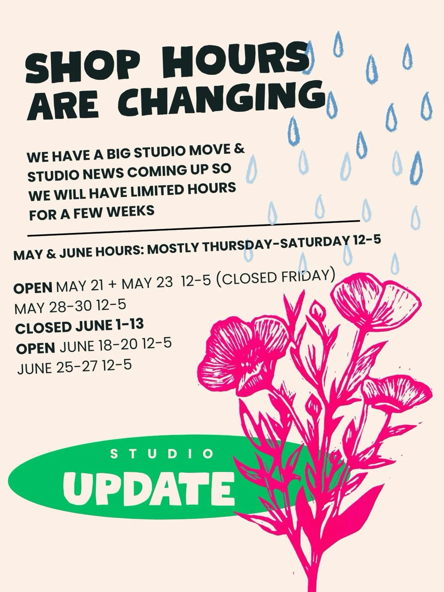 Hello Friends! We have a big studio move and some news coming up, so we will have odd hours the rest of May and June. Thank you for your patience and support, as we make some big moves and plan the next steps for Hinge!! You can always contact us via