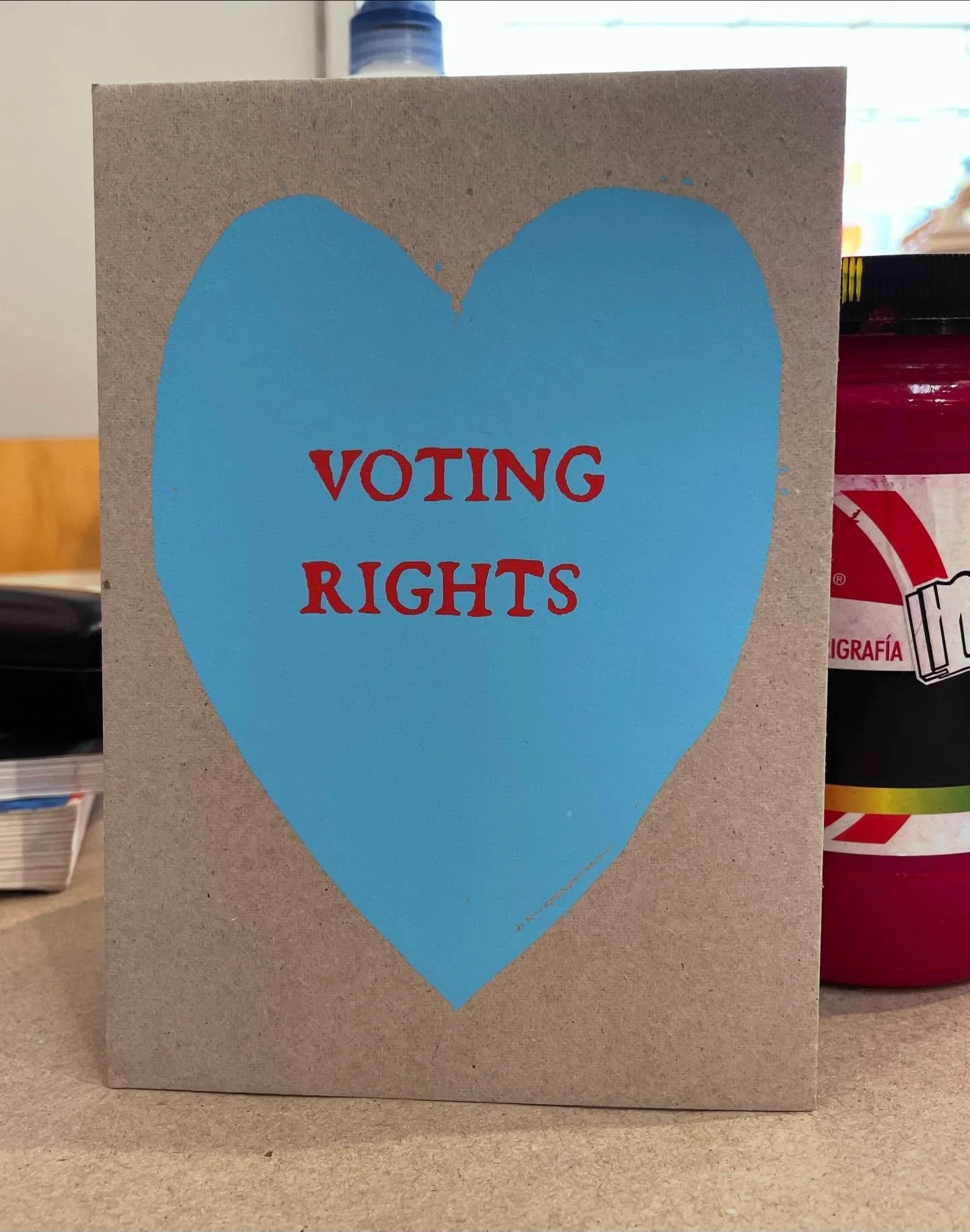 Hey friends! Working on more of these democracy love prints. I hope to see you next weekend at @kcccba.usm print and book fair. #democracy #votingrights #anotherworldispossible #printedbyhand