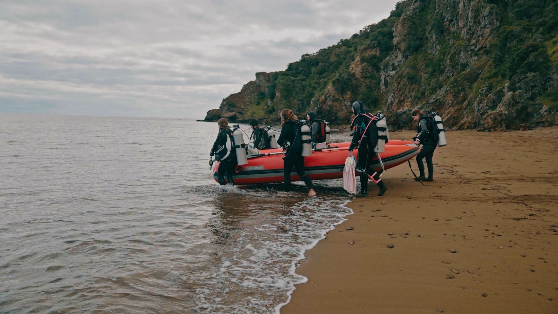 A team of divers transports a boat into the water to conduct a kelp monitoring survey.