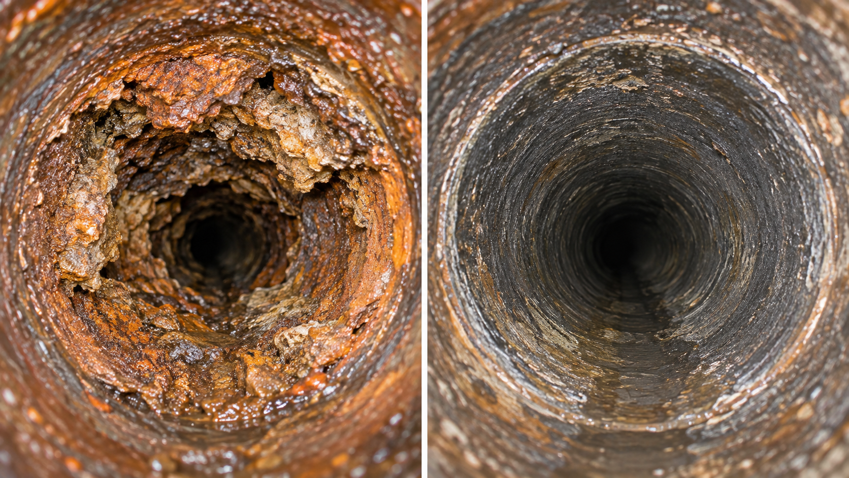 A cast iron pipe before and after. a De Scale Service