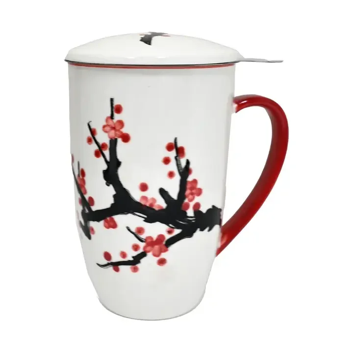 Sakura Cherry Blossom 15oz Tea Mug with Infuser & Lid – Porcelain Loose Leaf Mug