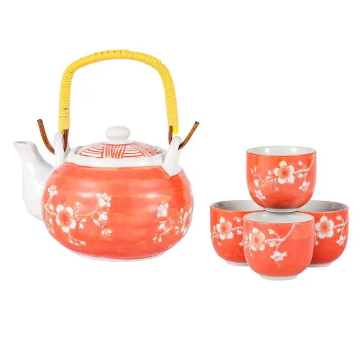 Ume Plum Blossom Orange Porcelain Tea Set – 22oz Teapot with 4 Cups & Strainer