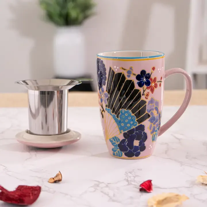 Festival Fan Design 15oz Tea Mugs with Lid and Infuser