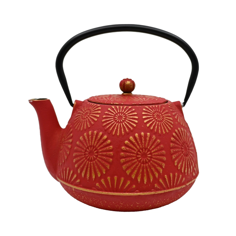 Red Kiku Chrysanthemum Design 40oz Cast Iron Tea Pot  with Box