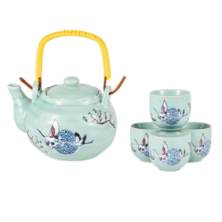 Japanese Crane Porcelain Tea Set – 22oz Teapot with 4 Cups & Stainless Strainer