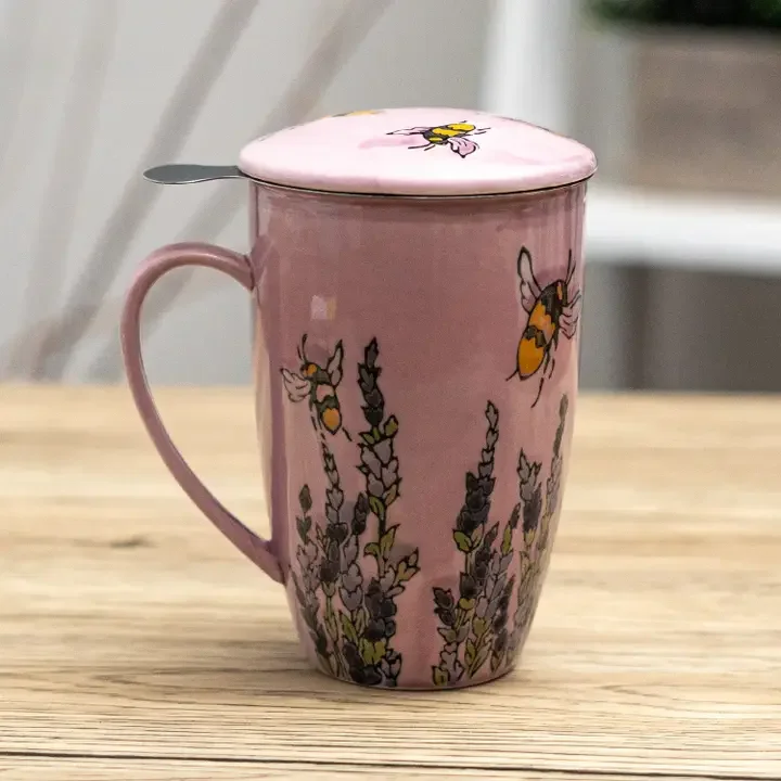 Spring Honeybee Design 15oz Tea Mugs with Lid and Infuser For Loose Leaf Tea