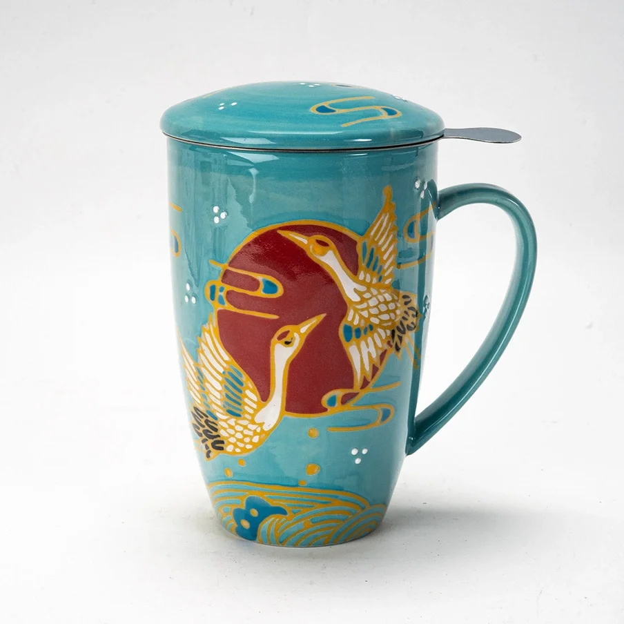 Japanese Crane Design 15oz Tea Mugs with Lid and Infuser For Loose Leaf Tea