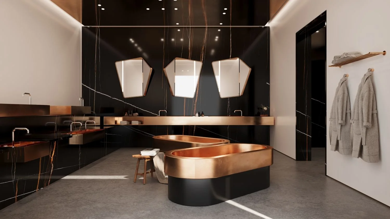 A modern bathroom with black marble walls featuring gold veining, a copper bathtub, and copper sinks. Three geometric mirrors hang above the sinks, and there are towels hanging on hooks on the right wall. The room has a minimalist and luxurious desig