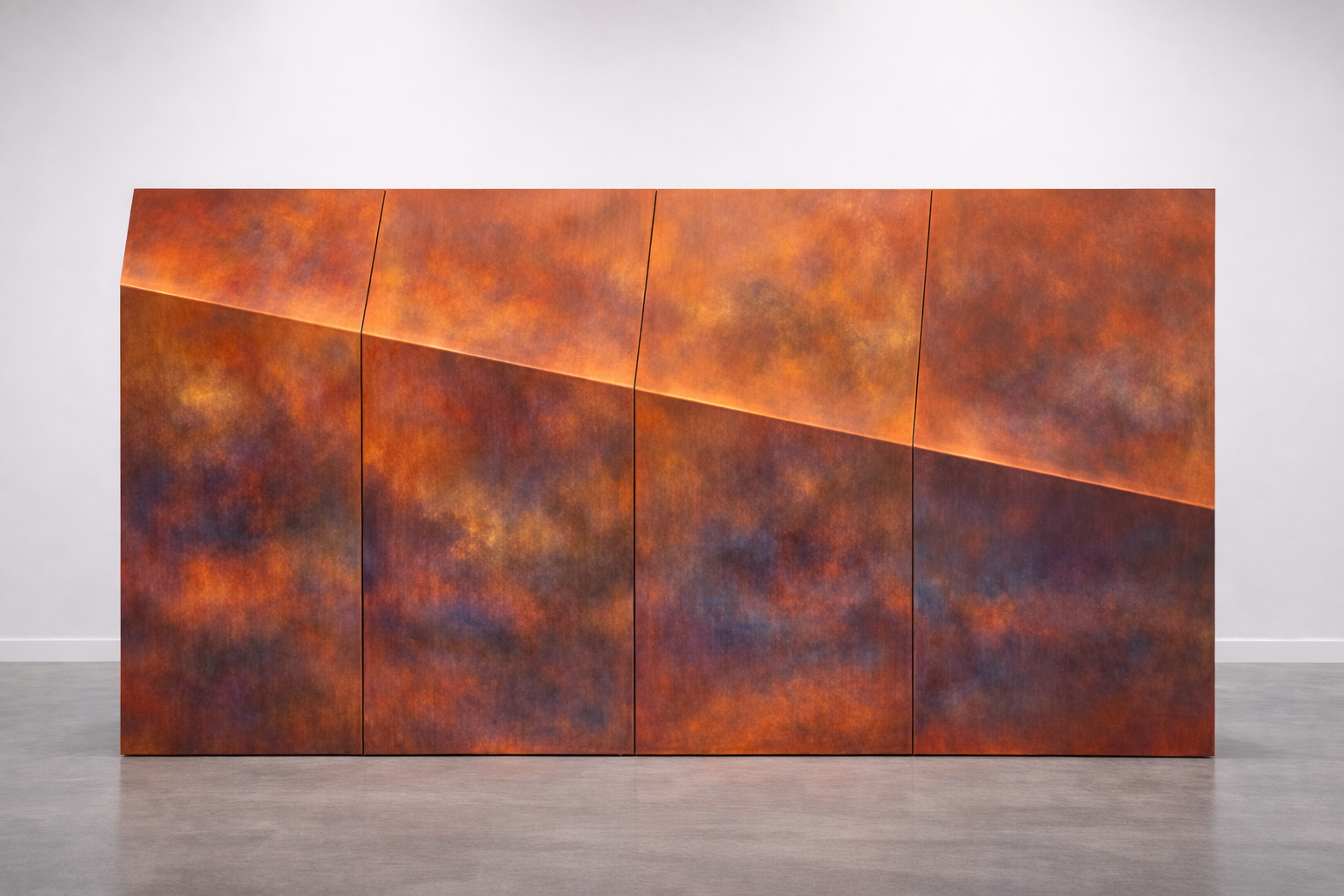 Large-scale wall art in four copper panels with an iridescent heat patina, AmorettiLAB