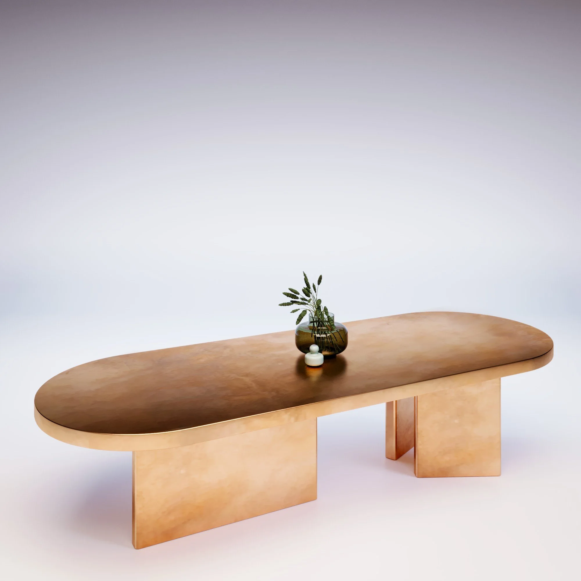 A modern wooden table with an oval shape, supported by three rectangular legs, with a small vase holding green foliage on top.
