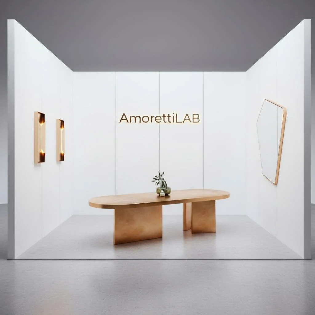 Minimalist modern room with a wooden table, white walls, and a mirror, featuring the text 'AmorettiLAB' on the wall.