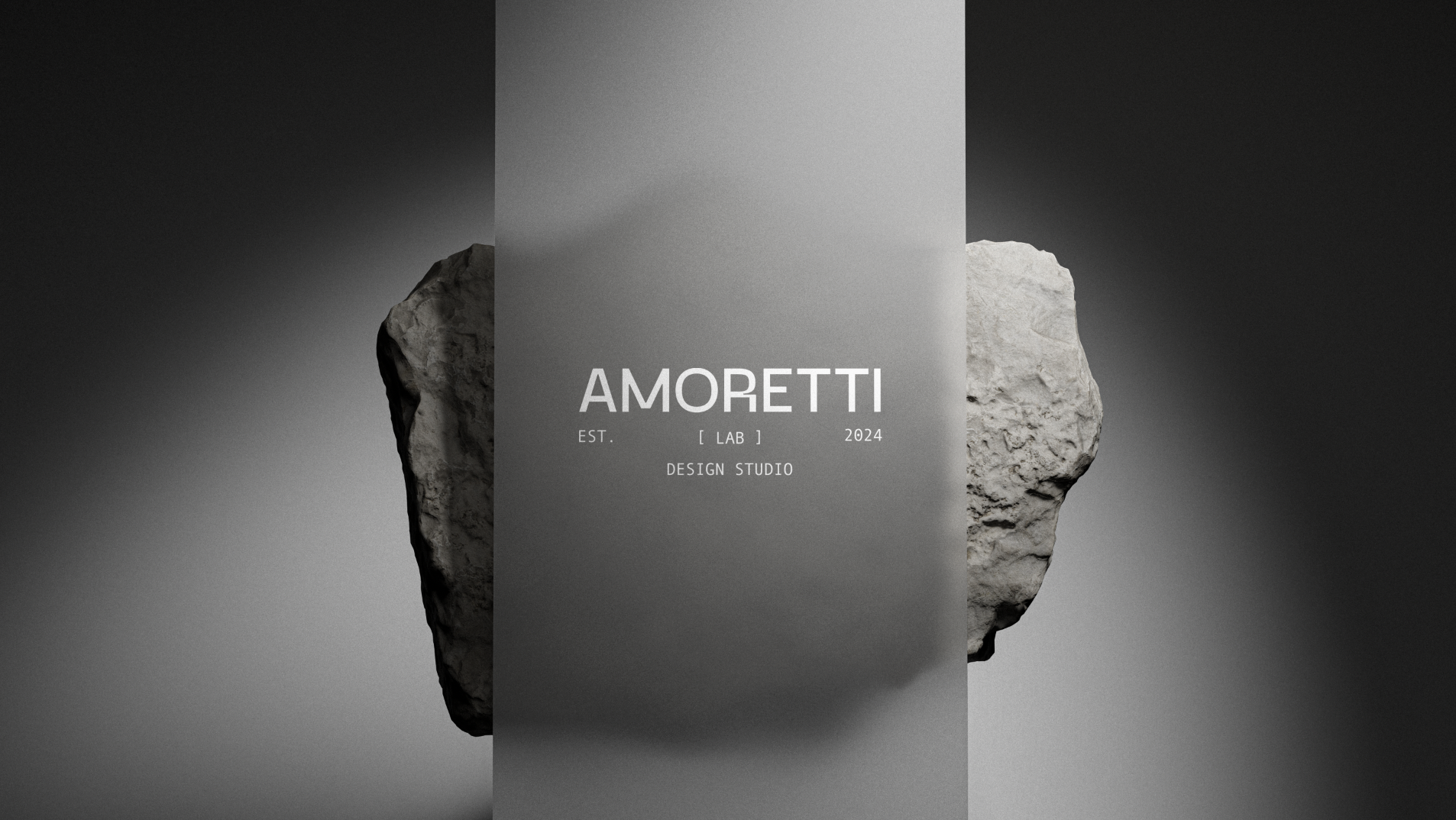 Design studio logo 'Amoretti' with a gray background, overlaid on a split background of black and white rocks.