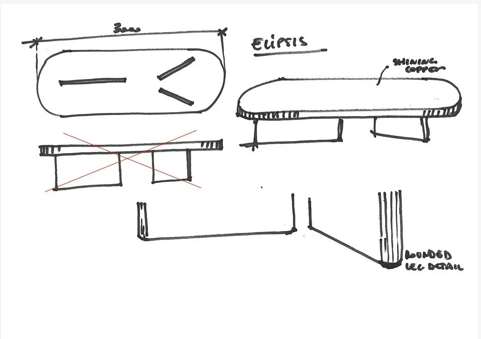 Design sketch of the Elipsis oval dining table in shining copper, AmorettiLAB