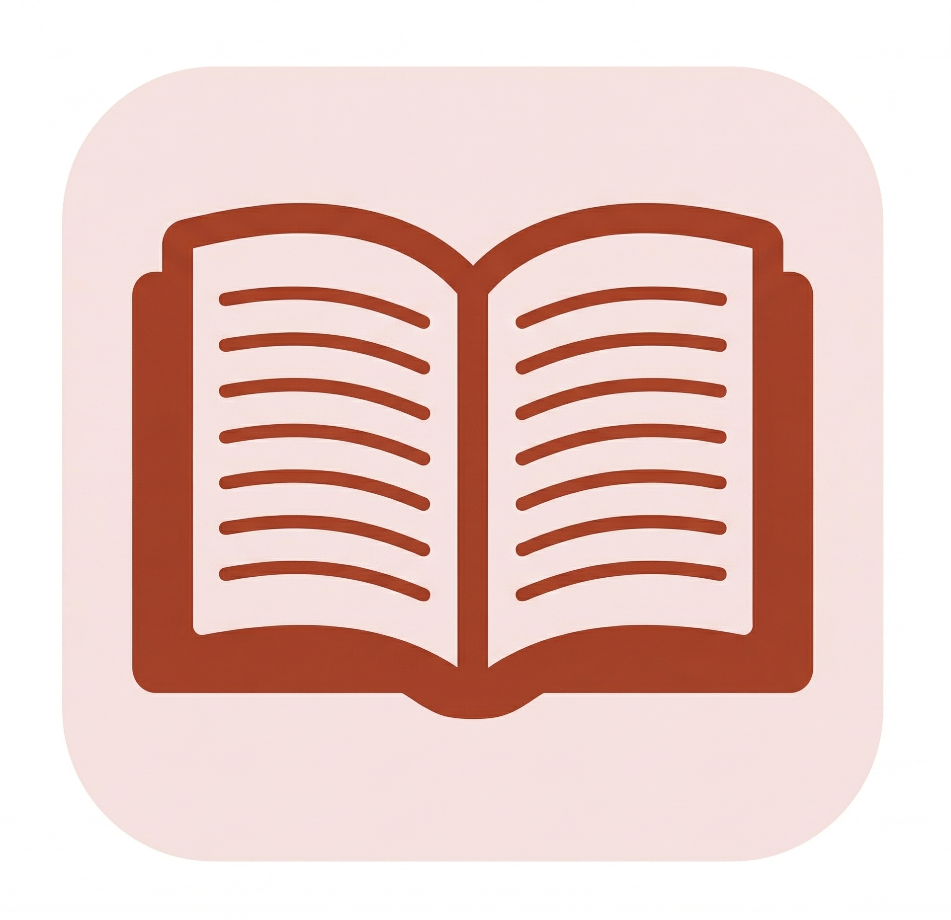 Icon of an open book with lines representing text, displayed on a soft pink background.