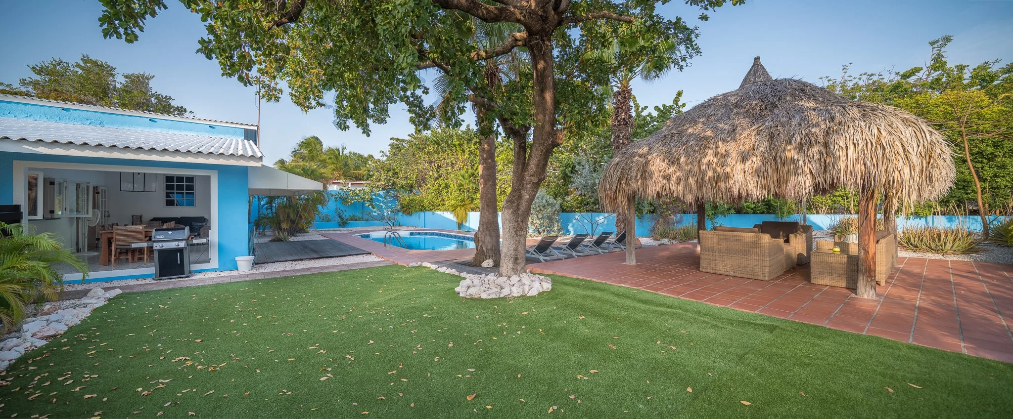 A backyard with a grassy lawn, trees, a swimming pool, blue walls, and a thatched-roof cabana with outdoor seating.