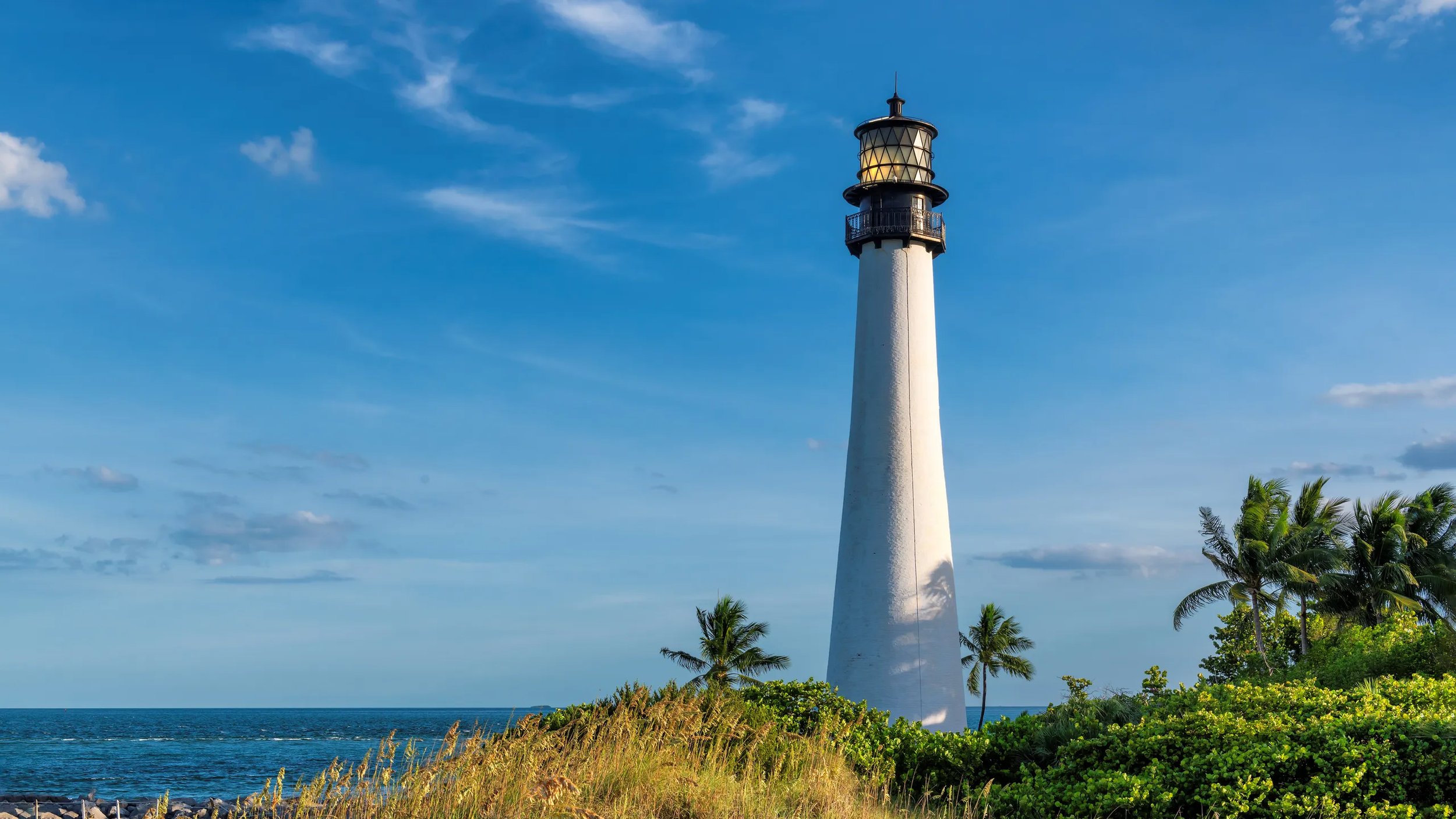 Tall lighthouse by the ocean with palm trees and greenery nearby, under a blue sky with scattered clouds.