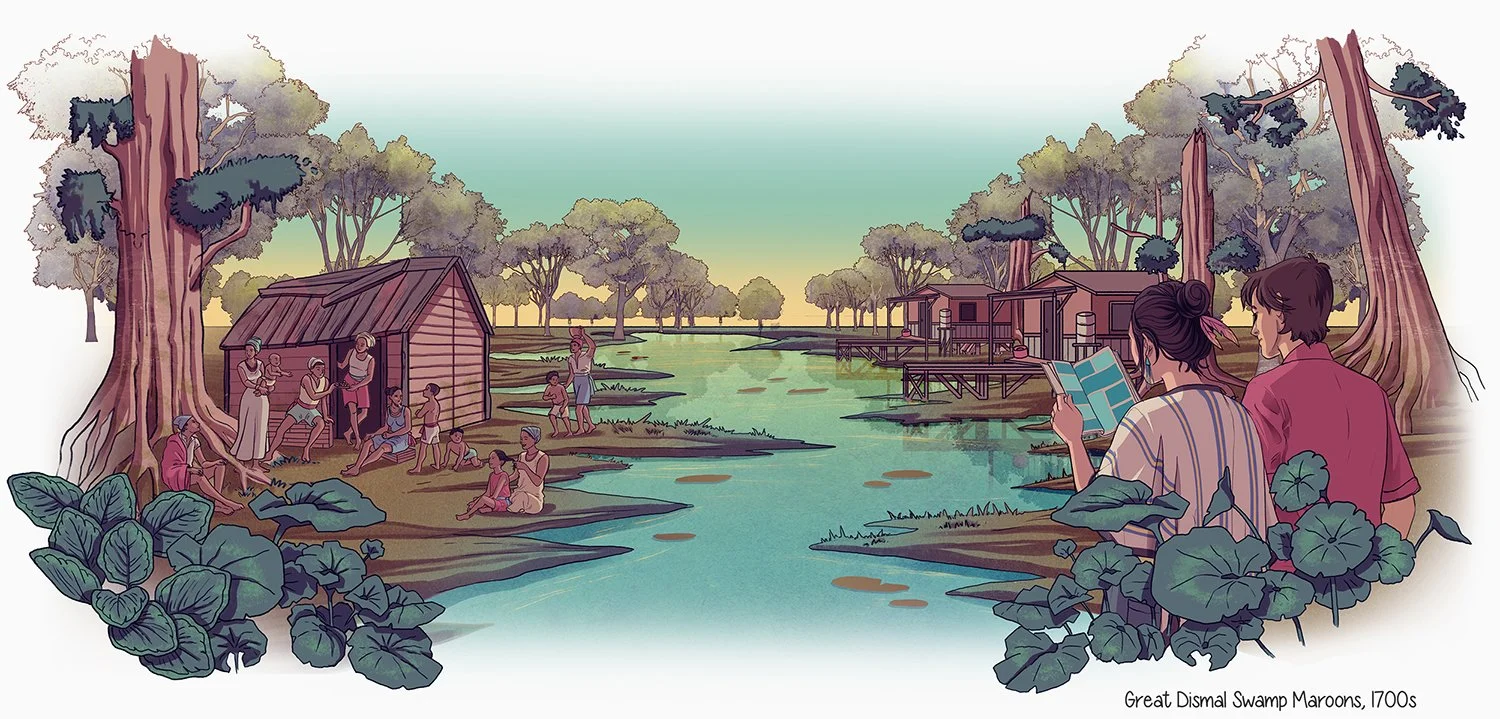 Students learning about the great dismal swamps and maroons who escaped slavery using comics