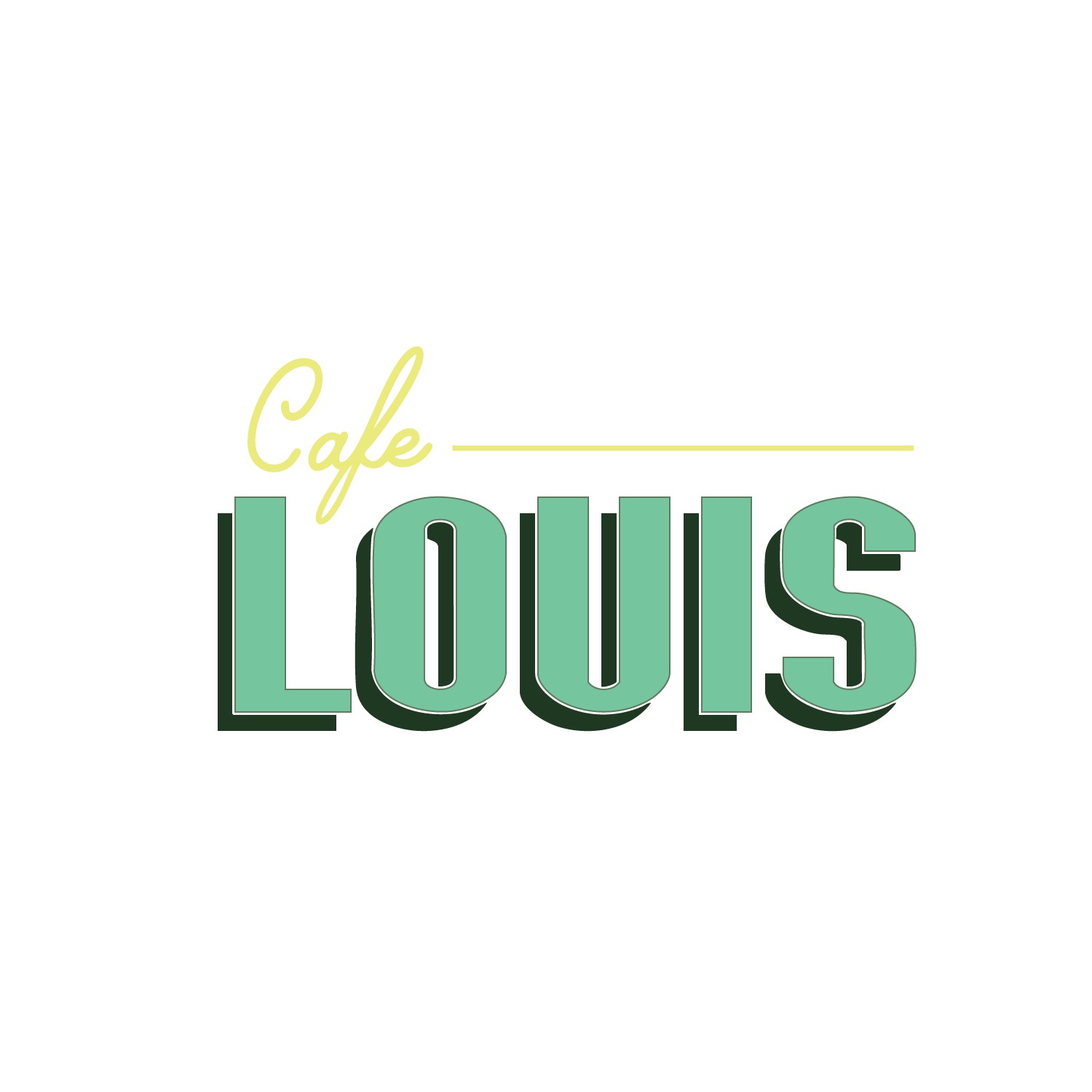 Logo with small gold script saying "Cafe" followed by large, bold, block script in teal reading "Louis"