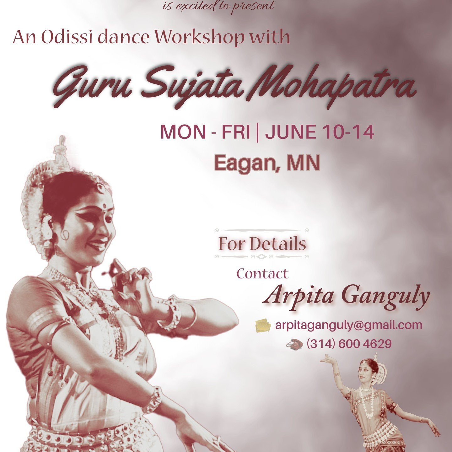 Twin Cities Odissi is organizing a workshop with Guru Sujata Mohapatra from Monday, June 10th to Friday, June 14th in Eagan, Minnesota!

Please contact Arpita Ganguly, arpitaganguly@gmail.com, (314) 600-4629 for more information.