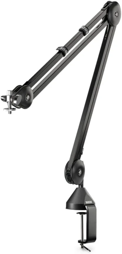 A black microphone boom arm with a clamp at the base for attaching to a desk, and adjustable arms for positioning the microphone.