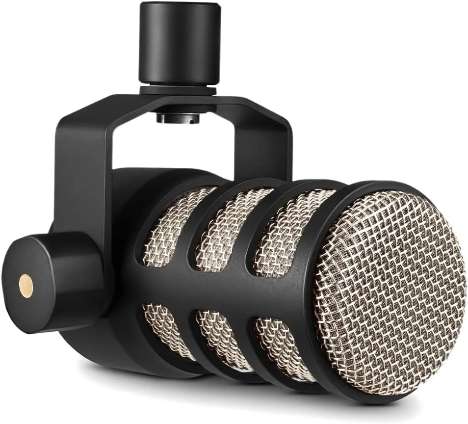 A close-up image of a professional microphone with a black frame and golden mesh grille.