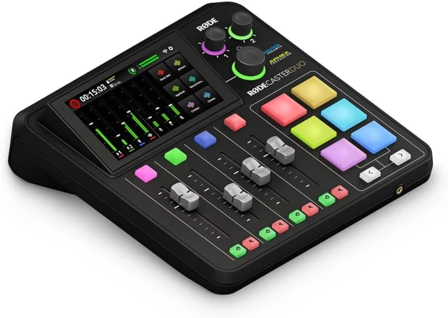 A digital audio mixer with multiple colorful buttons, sliders, and knobs, including a small screen displaying audio levels and effects.
